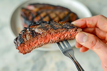 A detailed view of a hand holding a perfectly grilled steak on a fork, showcasing the charred exterior and juicy interior with precise clarity, set