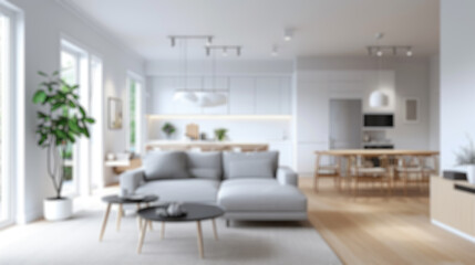 Defocused shot of a bright, airy Scandinavian-style living space with minimalist design....