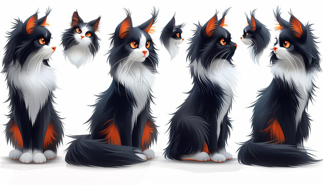 Set of Neva Masquerade Cat Illustrations: 6 Cats in Various Poses and Expressions