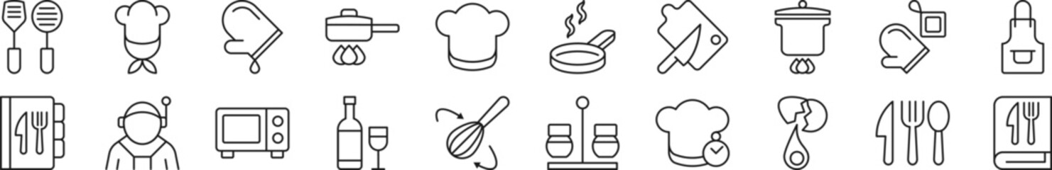 Collection of thin signs of chef. Editable stroke. Simple linear illustration for stores, shops, banners, design