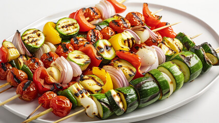 A vibrant platter of grilled vegetable skewers, featuring zucchini, bell peppers, onions