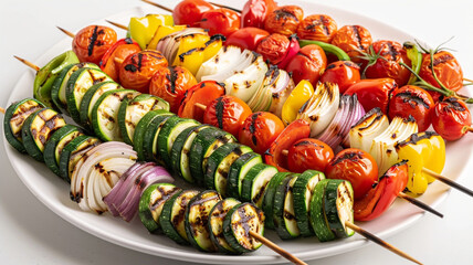 A vibrant platter of grilled vegetable skewers, featuring zucchini, bell peppers, onions