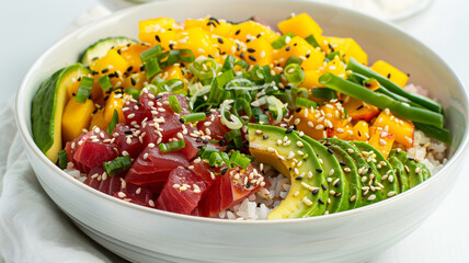 A vibrant poke bowl with marinated tuna, avocado, mango