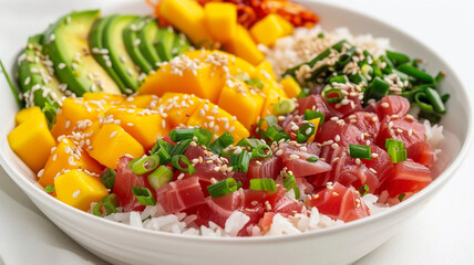 A vibrant poke bowl with marinated tuna, avocado, mango