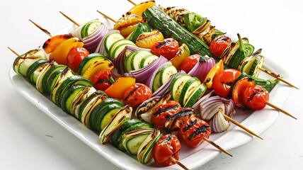 A vibrant platter of grilled vegetable skewers, featuring zucchini, bell peppers, onions