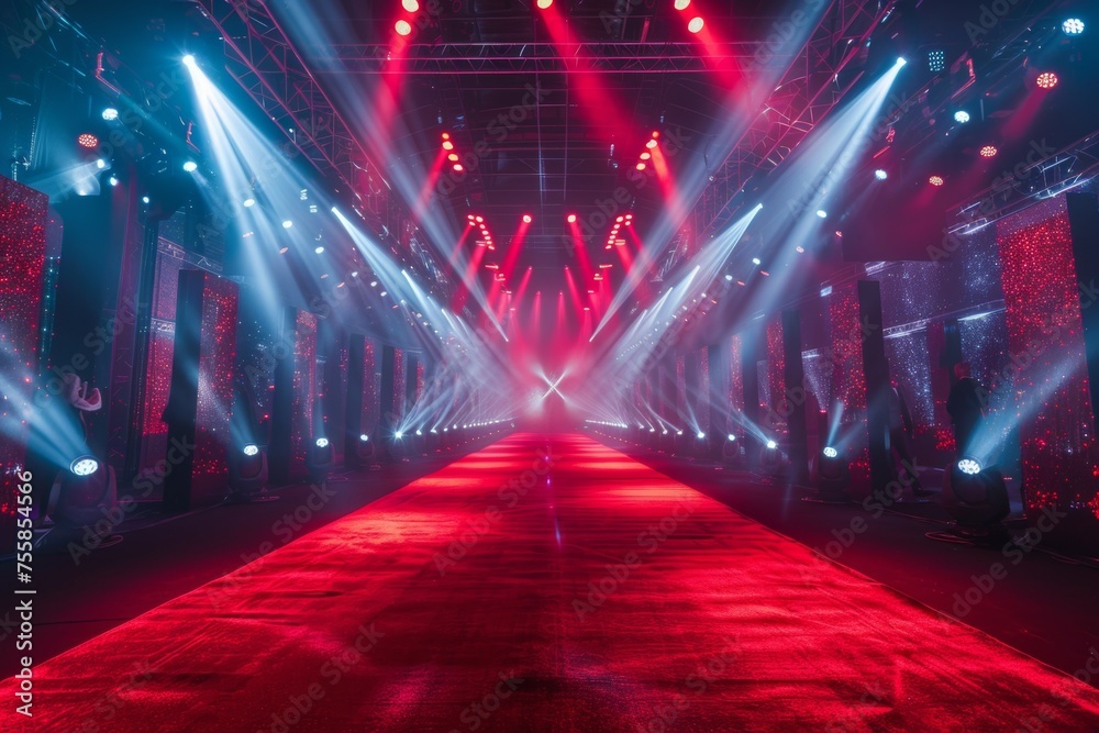 Canvas Prints A red carpeted hallway with a red and blue lighting effect