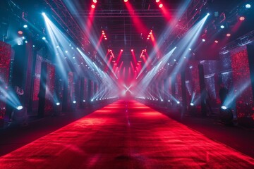 A red carpeted hallway with a red and blue lighting effect