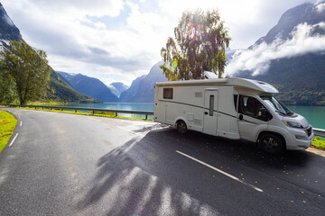 Obraz premium Motorhome camper in Lovatnet lake valley in south Norway, Europe