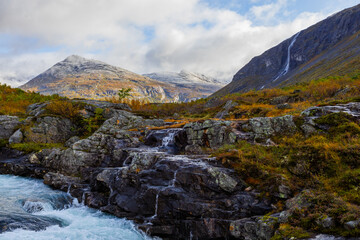 Fototapeta na wymiar Autumn landscape in Trollstigen road in south Norway in Europe