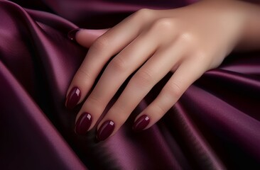 A hand with long nails is shown on a purple background