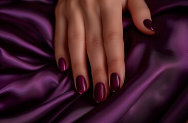 A hand with purple nails is on a purple background