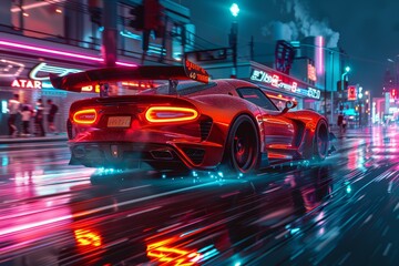 A red car is driving down a wet street with neon lights in the background - Powered by Adobe