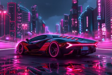 A neon car is driving down a city street