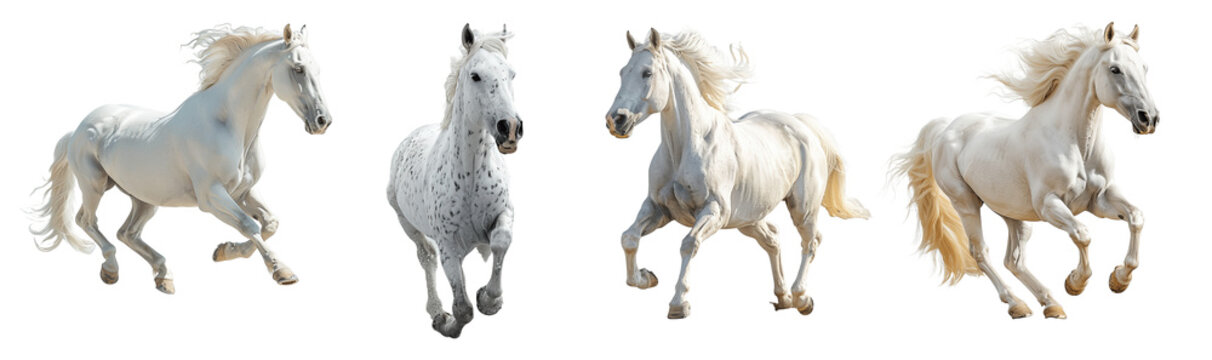 Collection of horse breed white Quarter galloping fast, isolated on white background