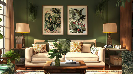 Embracing the beauty of nature in the living room with a palette of earthy greens, browns, and touches of floral-inspired hues for a botanical-inspired vibe.