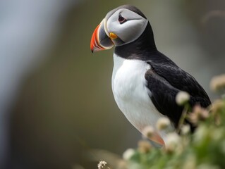 Fototapeta premium A puffin stands contemplatively on a cliff with a soft focus background, embodying wildlife and nature themes, ideal for environmental content