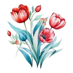 A vibrant and detailed watercolor illustration of blooming tulips with lush green leaves.