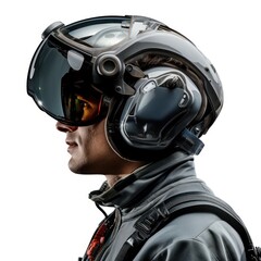 Obraz na płótnie Canvas Close-up of a professional pilot wearing a modern aviation helmet with a reflective visor.