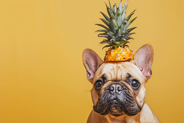 Funny French Bulldog with pineapple fruit on head in front of yellow studio background with copy...