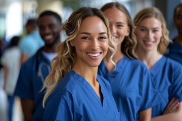 A group of nurses are smiling and posing for a photo