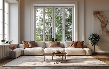 Living room with large window in house. Interior mock up template