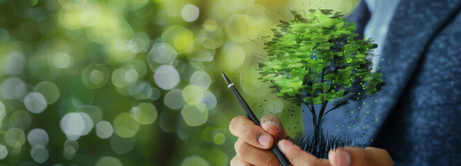 Close up hand of a business man drawing an eco tree on a whiteboard with a marker pen