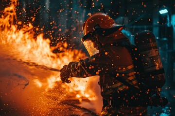 Professional Firefighter Extinguishing Large, High-Priority Part of the Fire. AI Generative
