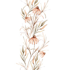 Watercolor seamless border botanical autumn illustration echinacea branches flowers and herbs. Autumn illustration. Hand painted drawing isolated on white background. Floral composition pastel color - obrazy, fototapety, plakaty