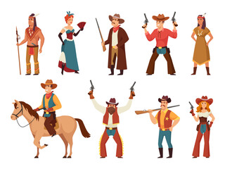 Cartoon wild west characters. Classic western cowboy and cowgirl, native american warrior, saloon dancer and sheriff vector illustration set
