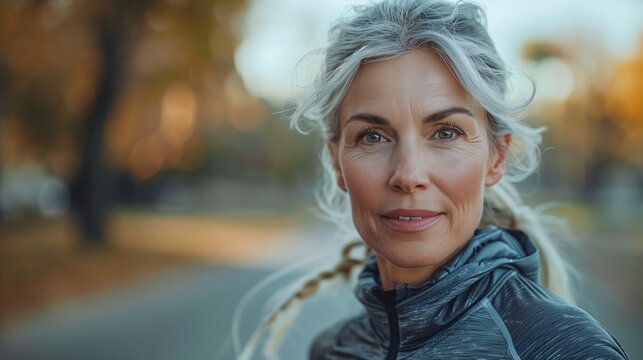 A happy woman with gray hair wearing a gray jacket smiles at the camera