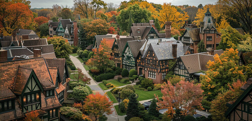 An aerial view of a 1920s Tudor neighborhood in Cleveland, highlighting the distinct architectural features and landscapes, with typical roof colors changed to shades of green and landscapes 