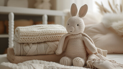 Pile of baby jersey sweaters and textile in beige. With bunny. generative ai