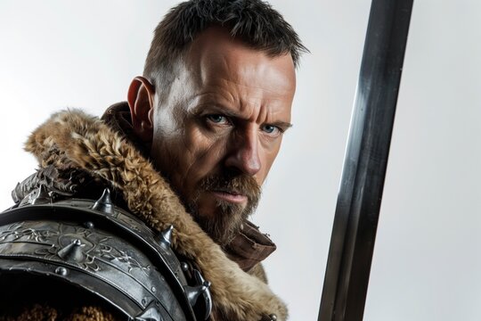 Dramatic portrait of a warrior decked in fur and armor, unsheathing a sword with intent and determination