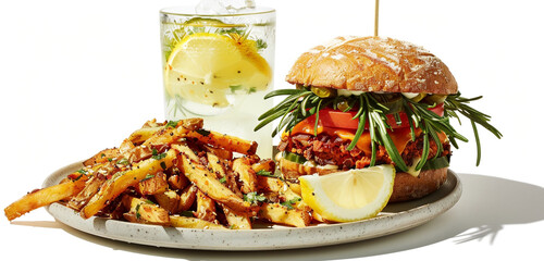 An artisanal veggie burger on a multigrain bun, rosemary garlic fries heap, sparkling lemonade capturing sunlight, setting isolated on a white backdrop