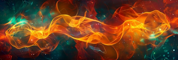 Abstract fiery waves on a dark background - A dramatic abstract design of bright yellow and red waves intertwining on a dark, cosmic space-like background