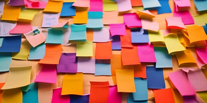 Many colorful, sticky notes, or adhesive notes on a wall or bulletin board. 4K Video