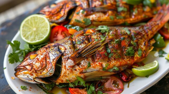 Grilled tilapia garnished with herbs and lime - High-quality food image of grilled tilapia fish garnished with fresh herbs, lime, and tomato salad
