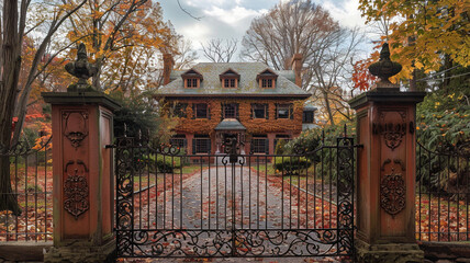 An autumnal setting showcases a Cleveland house in Colonial Revival style, its exterior a rich terracotta, behind a wrought iron gate with a rustic finish