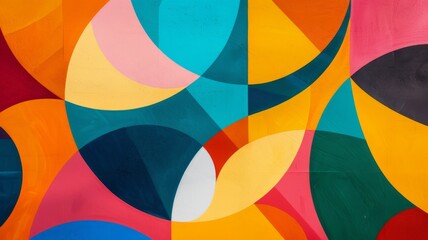 Vibrant Geometric Mural with Bold Shapes - A mural painted with vivid colors creating a mesmerizing geometric pattern with bold, overlapping shapes