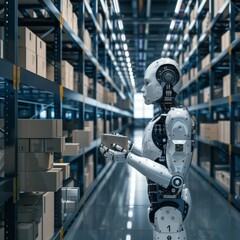 Robot in an automated warehouse - A robot with advanced design is poised in an automated warehouse, symbolizing future technology in logistics