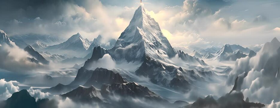 Nature's ethereal canvas, a mountain summit veiled in clouds, offering a panoramic view of the wild and untamed landscape adorned with a blanket of snow 4K Video