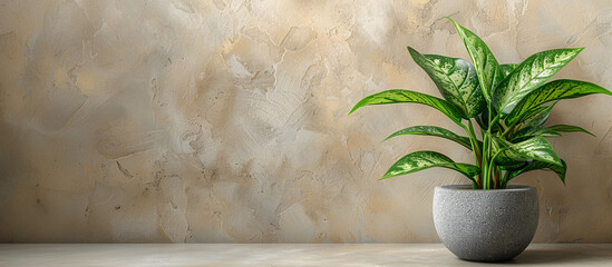 Dieffenbachia plant in a pot in front of a textured beige wall background with copy space.