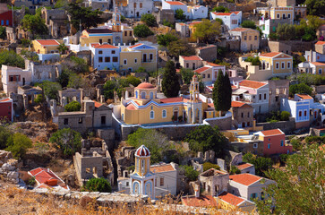 View of the old Greek village of Symi from a height. - 755858717