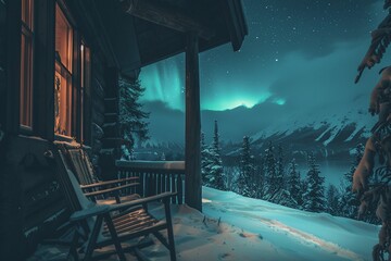 A cozy mountain lodge view at dusk with a foreground of untouched snow and background of the Northern Lights