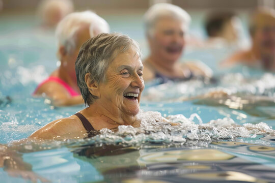 Older adults taking water running classes at a local pool and whose spirits are lifted. Generative AI.