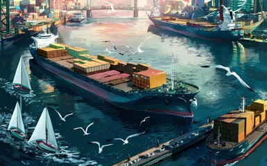 Obraz premium a bustling harbor, with cargo ships loading and unloading