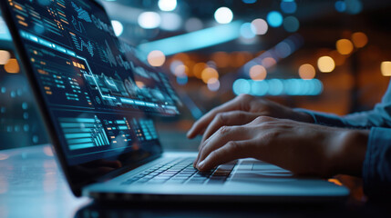 Close-up of a person's hands typing on a laptop keyboard, with the screen displaying futuristic digital data graphics