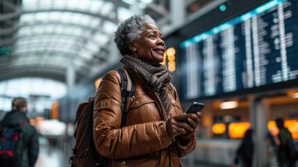 Smiling senior woman in an airport terminal looking at her phone, with a backpack on her shoulder and a flight information display board in the blurry background. - obrazy, fototapety, plakaty