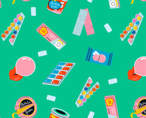 Bubble gum seamless pattern. Chewing candy in stick, pads, bubblegum pack vector illustrations. Background for sweets store packaging.