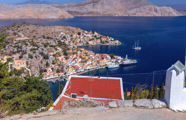View of the old Greek village of Symi from a height. - 755858988